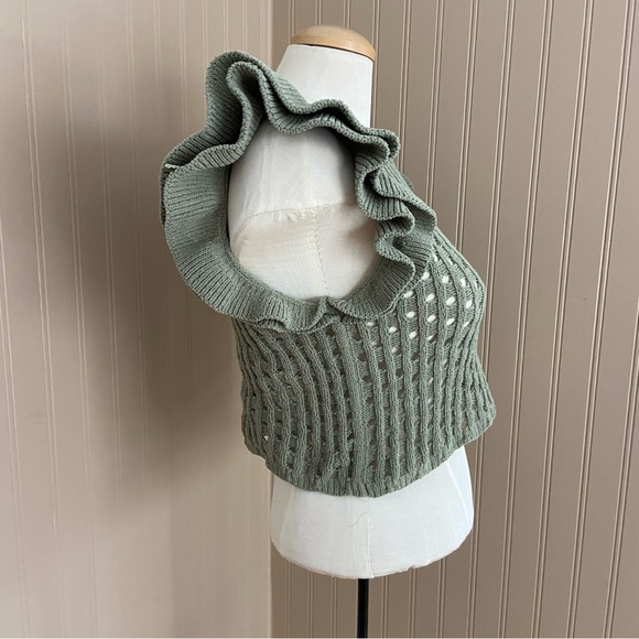Zara Green Chenille Knit Ruffle Sleeve Crop Tank Top Women’s Size Medium - Picture 3 of 5